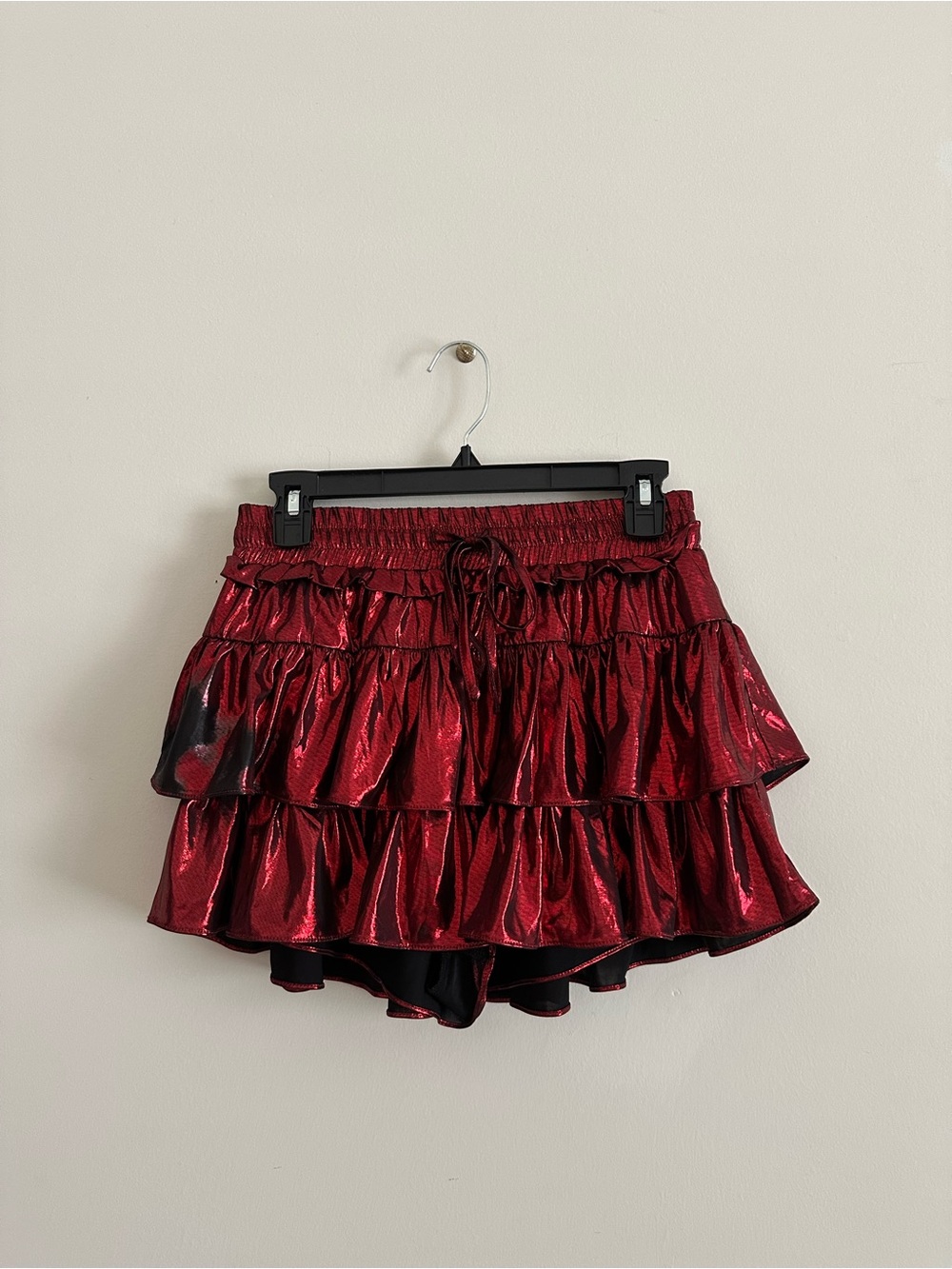 Gameday Metallic Red Tiered Ruffle Mini Skirt